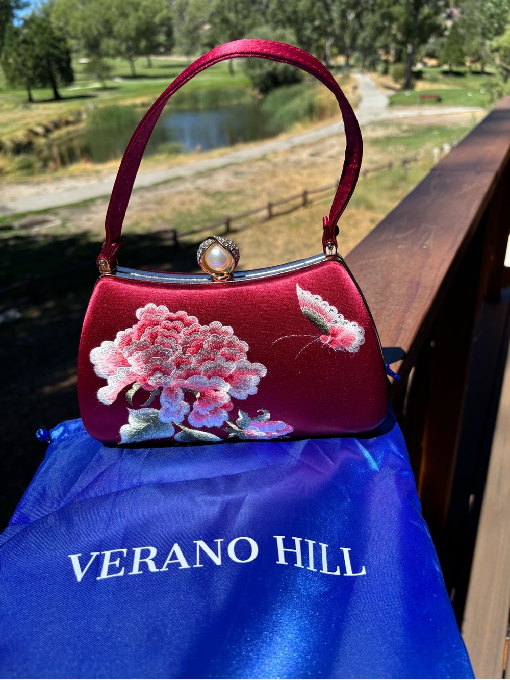 Verano Hill Red Satin Floral Top-Handle Evening Bag & Crossbody chain